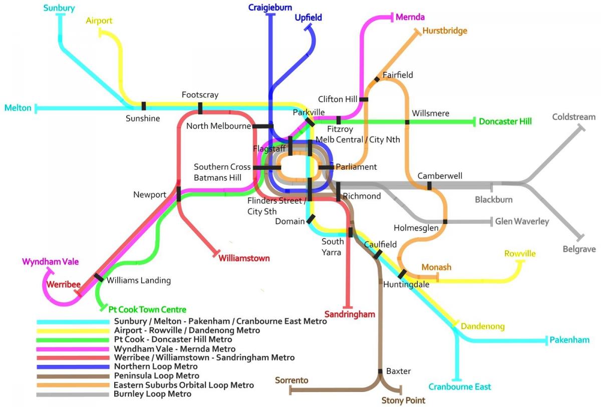 влак на метрото на картата на Мелбърн